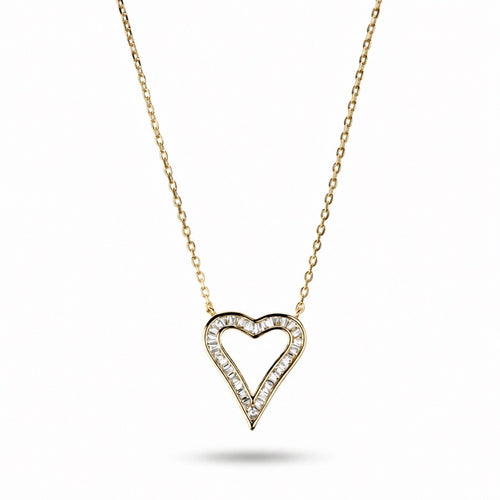 A delicate gold chain necklace featuring an open heart-shaped pendant paved with small clear stones, shown against a plain white background.