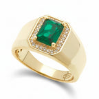 Gold ring with a green rectangular cubic zirconia stone surrounded with a halo of cubic zirconia clear stones