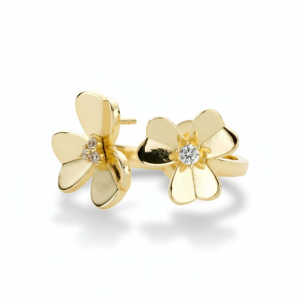 Gold-tone Flower Duo Ring with two sculpted flowers and sparkling round CZ accents.