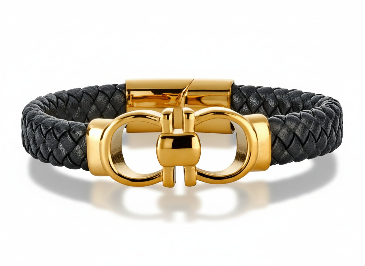 black braided faux leather band with a gold stainless steel clasp on a white background