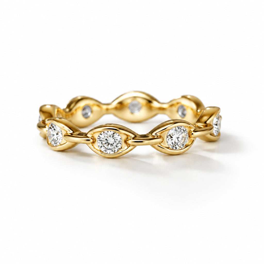 Gold-tone Round Moissanite Eternity Band featuring round-cut moissanite stones in sculpted marquise-shaped settings on a white background.
