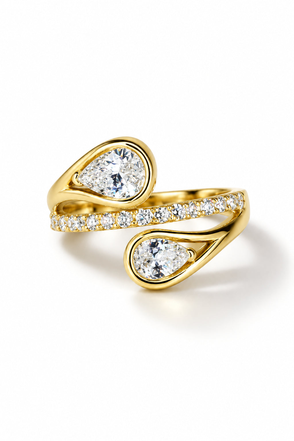 Gold-tone wrap ring with two pear-cut CZ stones in bezel settings and pavé CZ accents along the curved band.