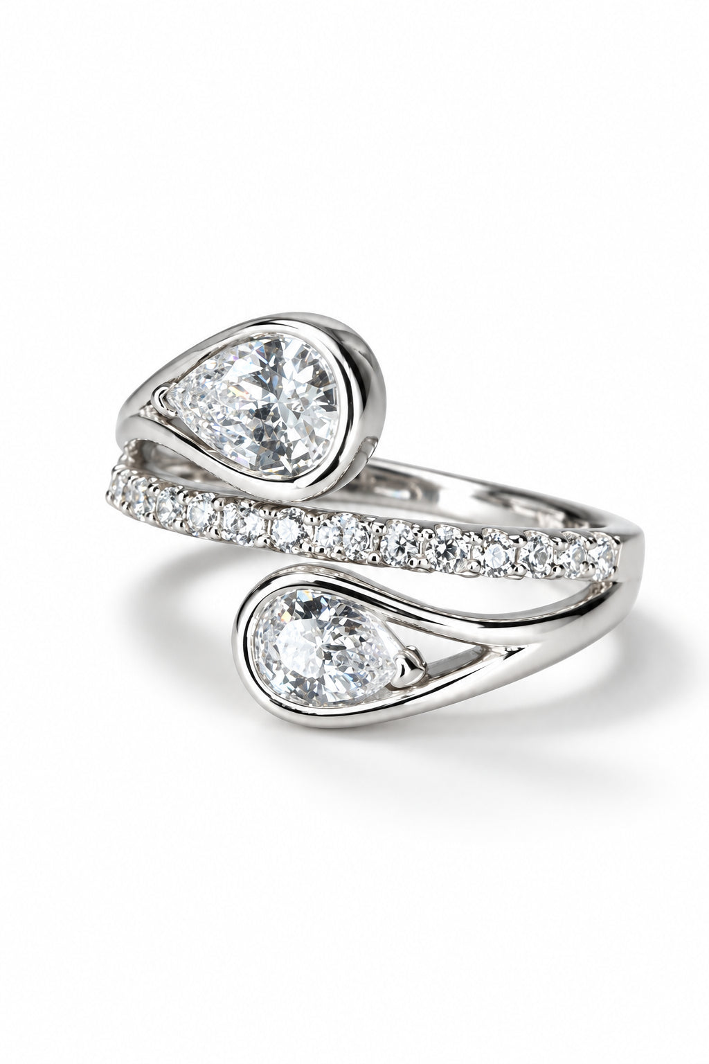 Silver-tone wrap ring with two pear-cut CZ stones in bezel settings and pavé CZ accents along the curved band.